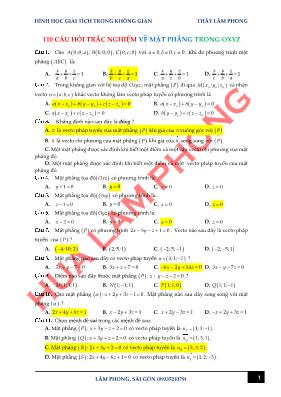 110 câu hỏi trắc nghiệm về mặt phẳng trong oxyz